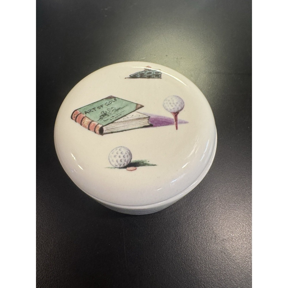 Hand Painted Ceramic Trinket Dish Lidded Golf Themed "Hit or Miss" 2002 Signed